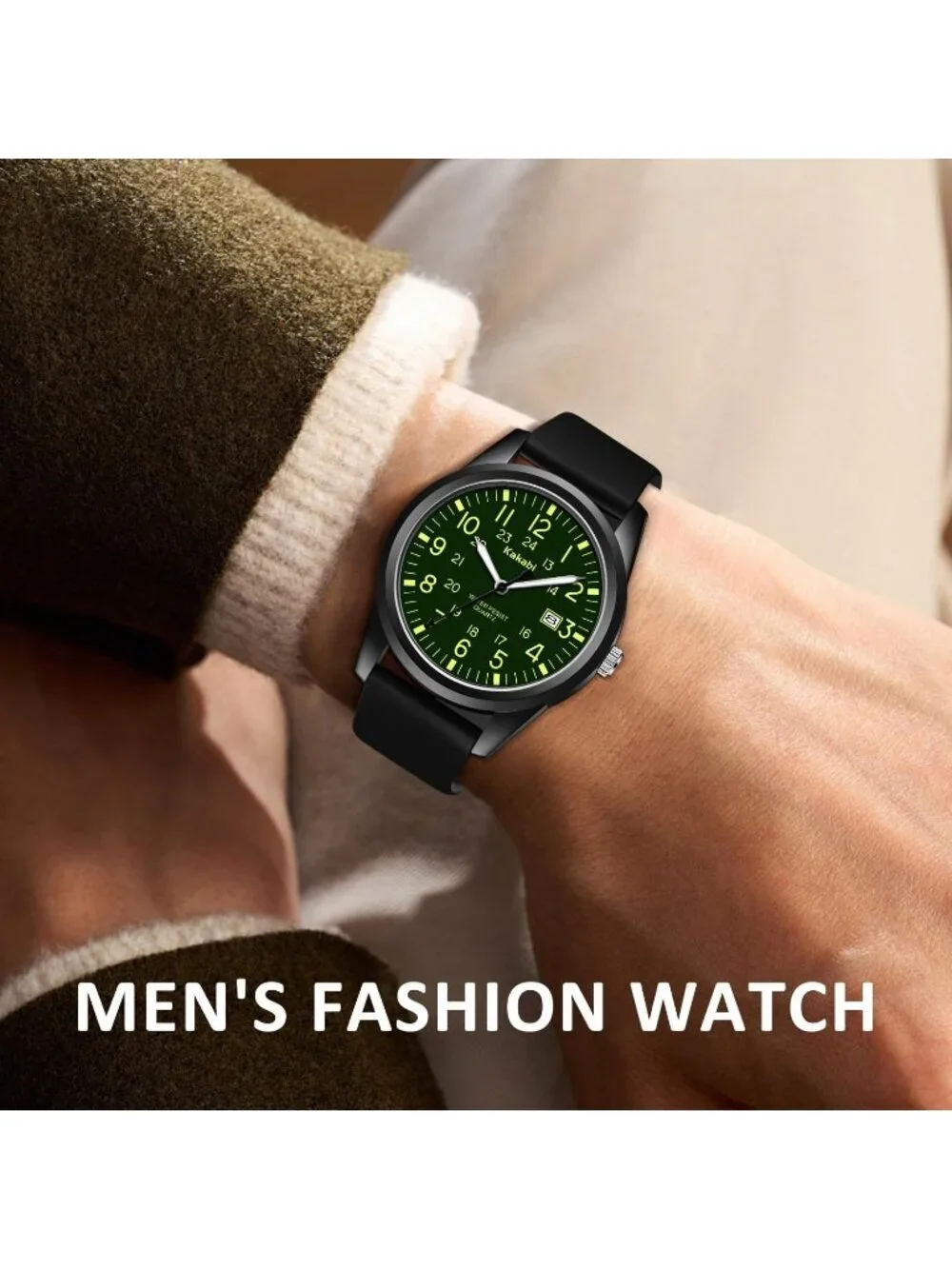 Men's Black Green Comfortable Silicone Strap Unisex Military Analog Casual Watch